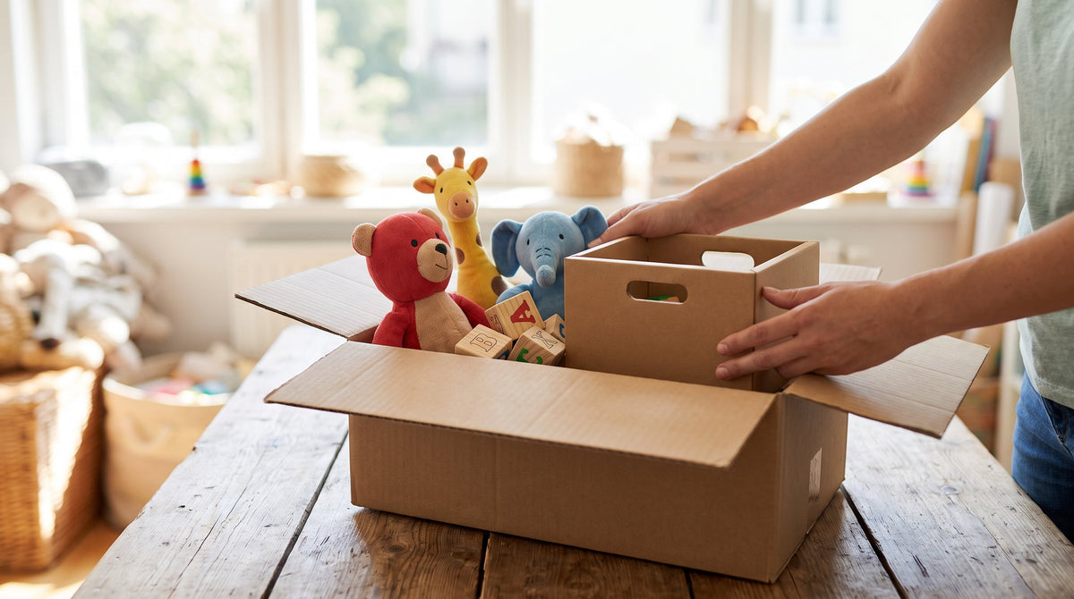 Plush toys and toy boxes being packed into a shipping box, representing escaping the volume-commitment trap on shipping rates.