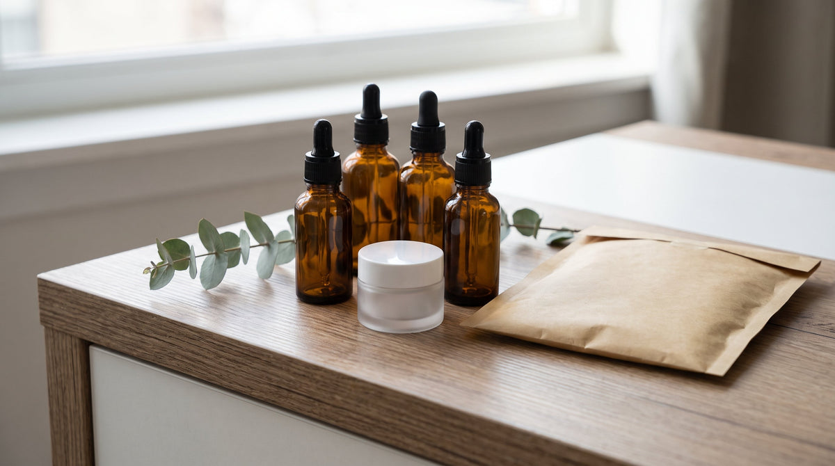 Wellness dropper bottles and jars on a clean desk, representing keep-the-item as the default return resolution for CBD and wellness.