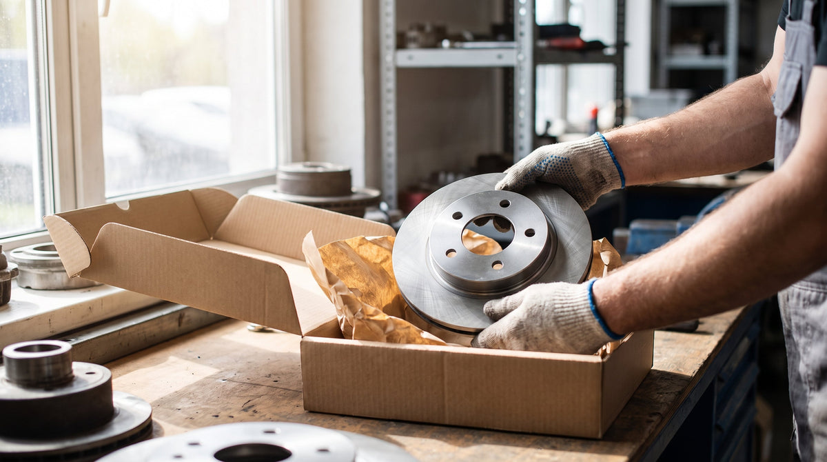 An automotive part packed into a shipping box on a workbench, representing fulfillment speed winning auto parts sales.