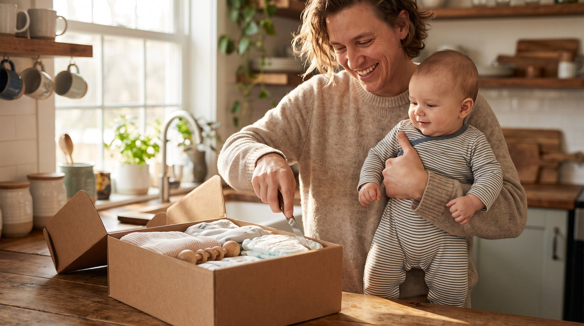 A parent with a baby beside a delivered parcel of baby goods, representing turning anxious baby-brand buyers into repeat customers.