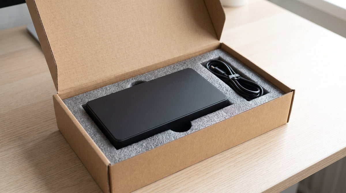 A plain electronic device and packaging on a desk, representing turning DOA electronics units into repeat buyers.