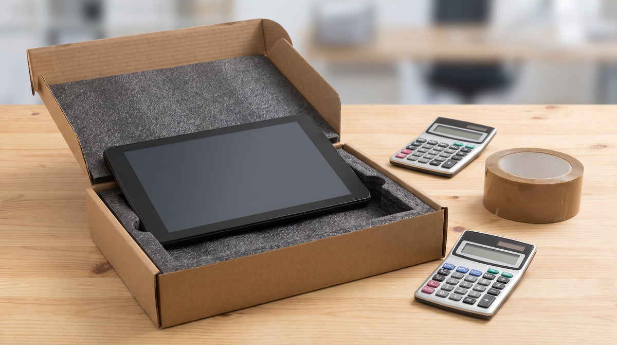 A boxed electronic device with protective foam beside a calculator, representing overpaying for shipping risk twice.