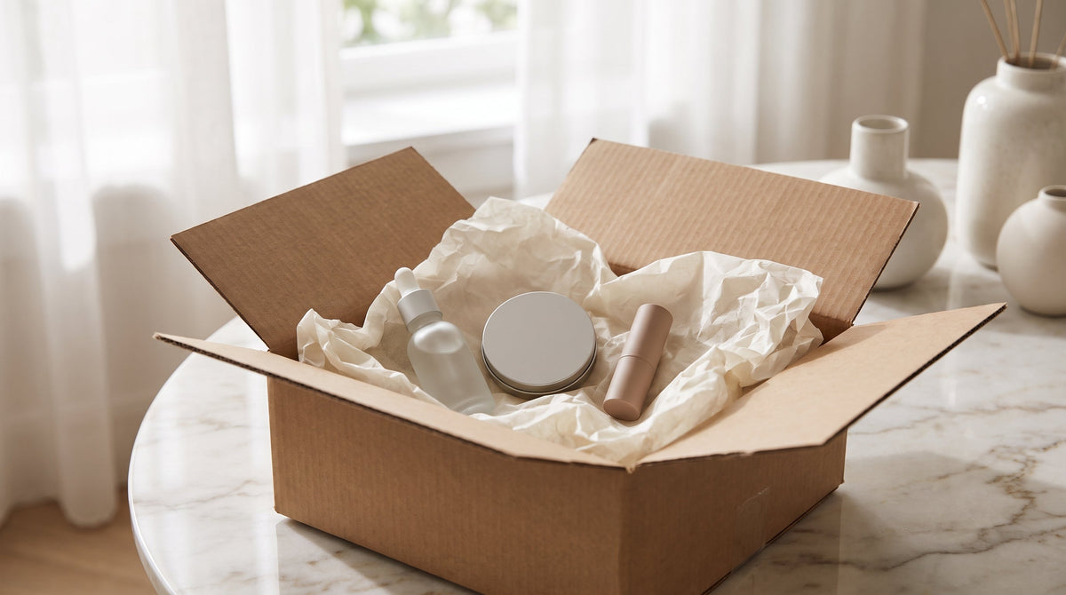 Beauty products packed into a shipping box with tissue, representing beauty brands paying more to ship less.