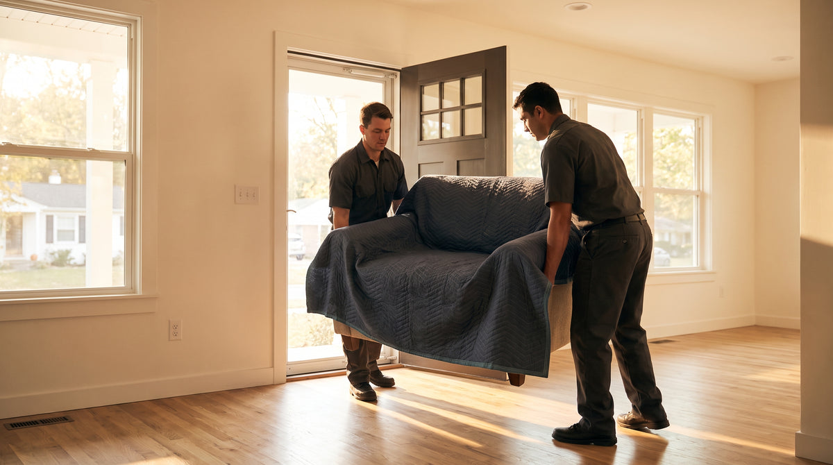 Delivery workers carrying a wrapped armchair into a bright home, representing white-glove furniture delivery with a fast fulfillment SLA.