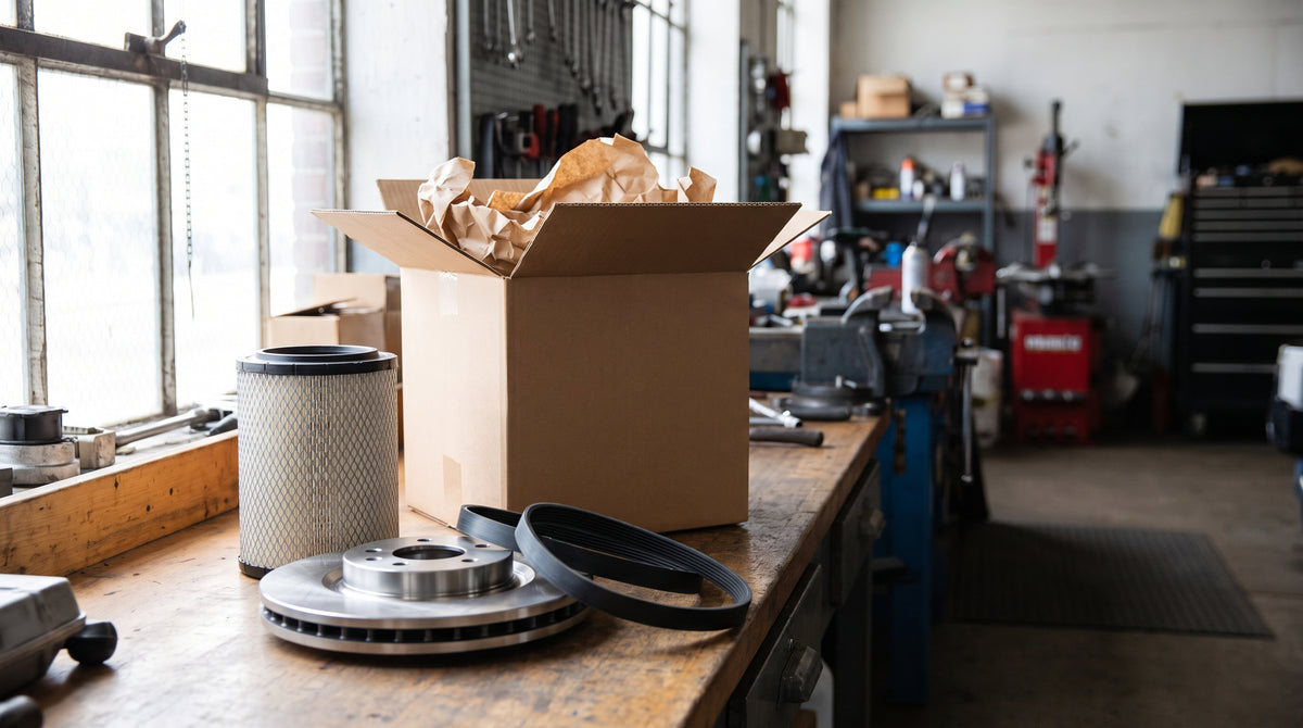 Auto parts and a shipping box on a workbench, representing the post-purchase playbook for auto parts brands.