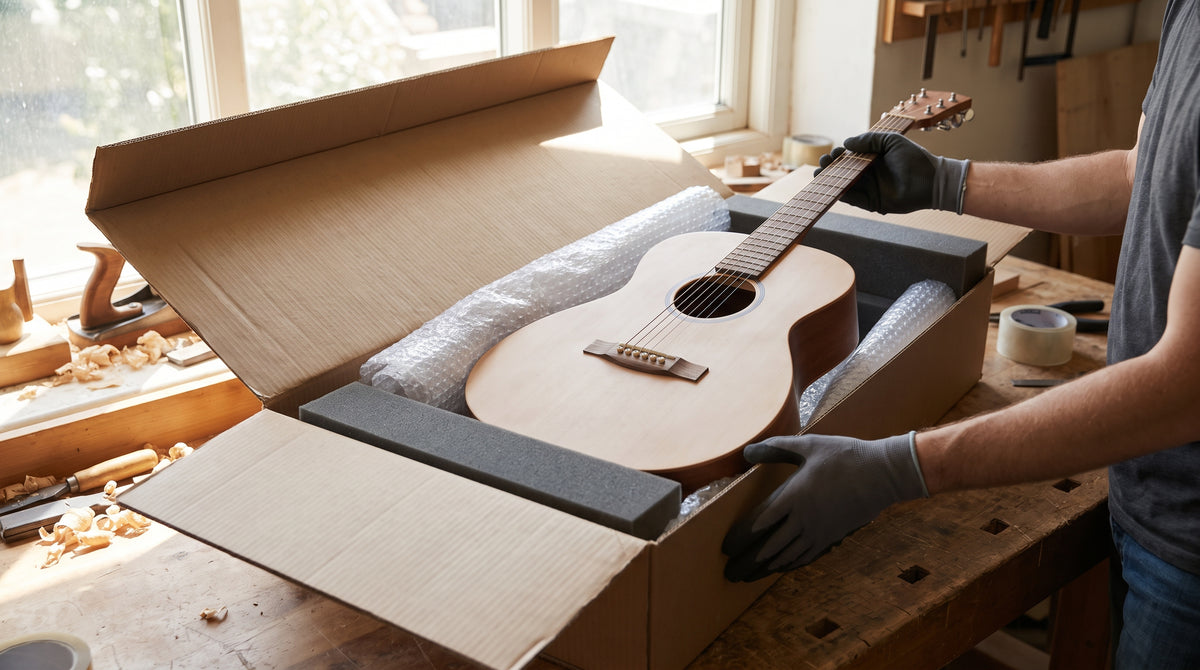 An acoustic guitar being packed with padding into a large shipping box, representing shipping fragile, oversized instruments.