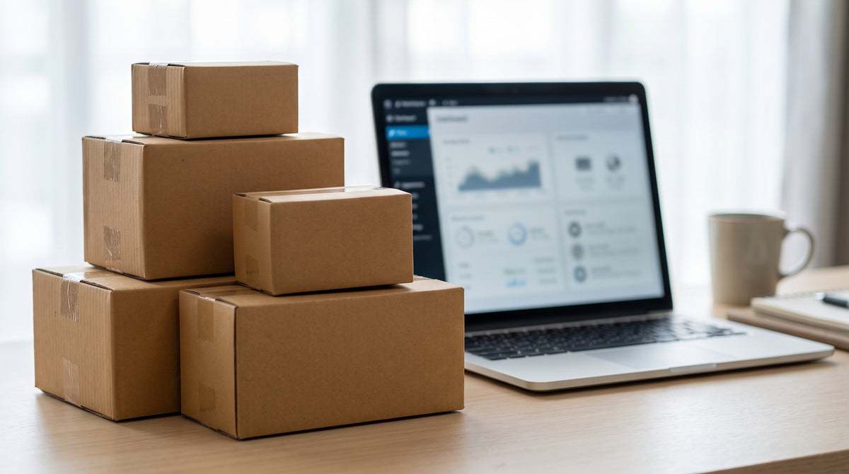 Return parcels stacked beside a laptop dashboard, representing managing returns across Amazon, Walmart, and TikTok Shop.