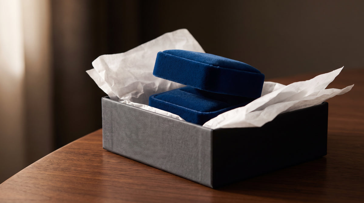 A small elegant jewelry box packed in premium shipping, representing fast fulfillment and secure delivery for high-value jewelry.