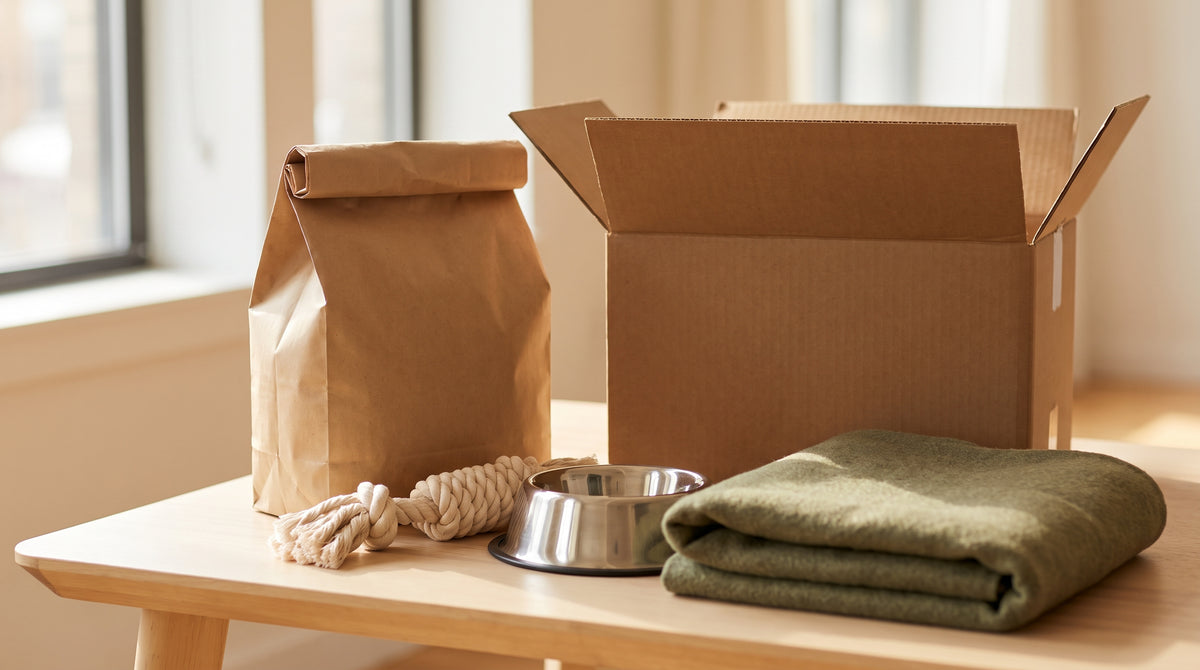 Pet supplies packed into a shipping box, representing the post-purchase playbook for pet brands.