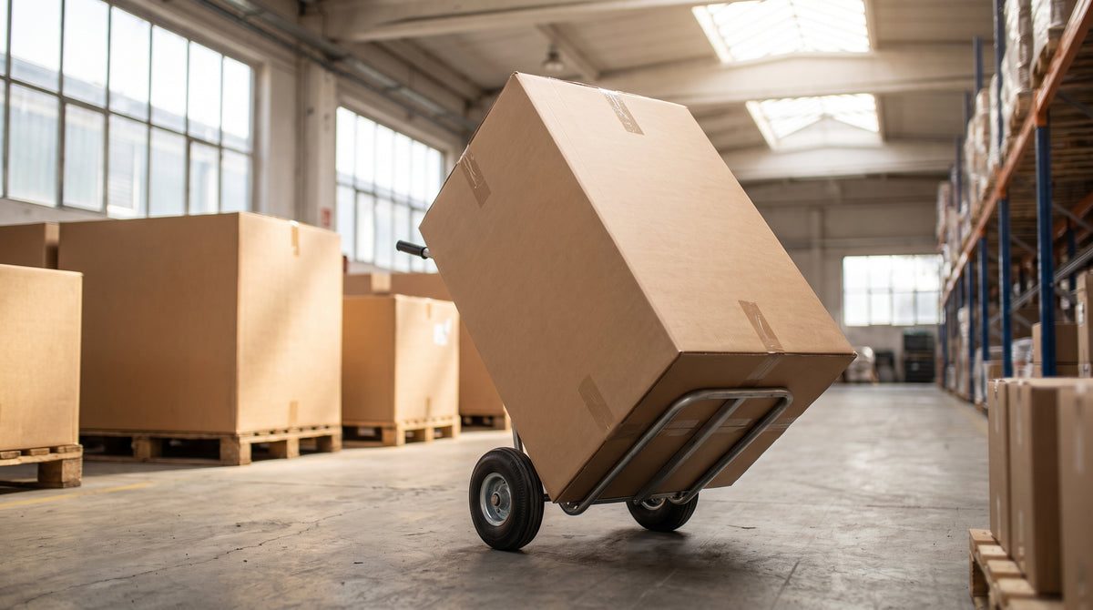 A large baby-gear box on a hand dolly in a warehouse, representing the cost of shipping bulky, heavy baby orders.