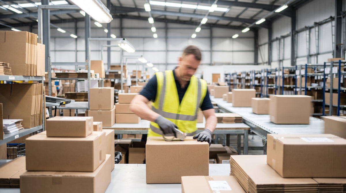 A fulfillment worker rapidly packing orders among many parcels, representing marketplace sellers competing on fulfillment speed.