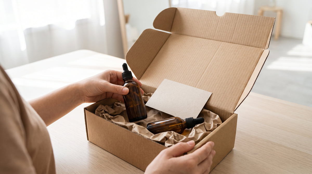 Wellness dropper bottles packed carefully into a shipping box, representing fast fulfillment on compliance-sensitive CBD orders.