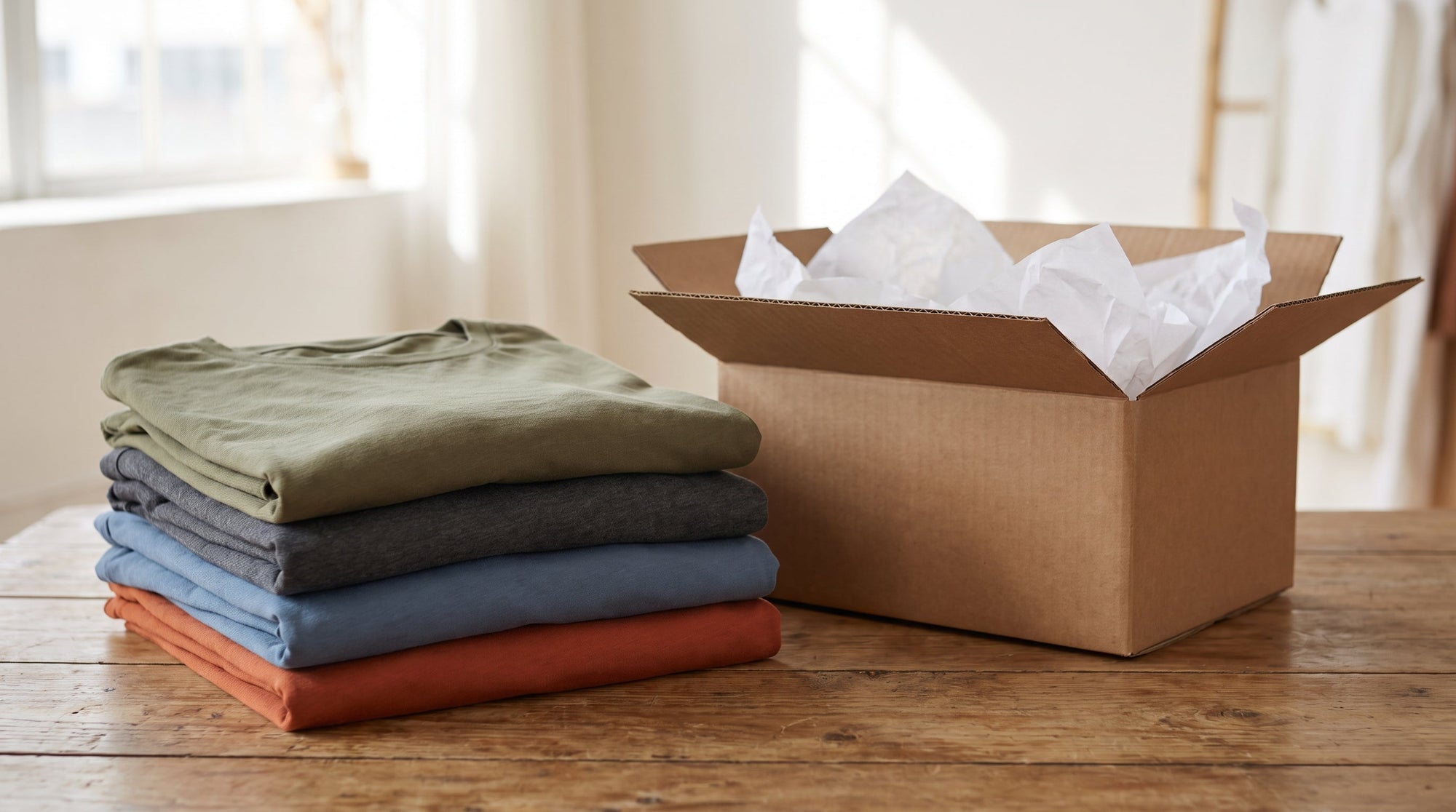 A stack of matching folded team apparel beside a return box on a table, representing handling returns on group orders without losing the whole order.