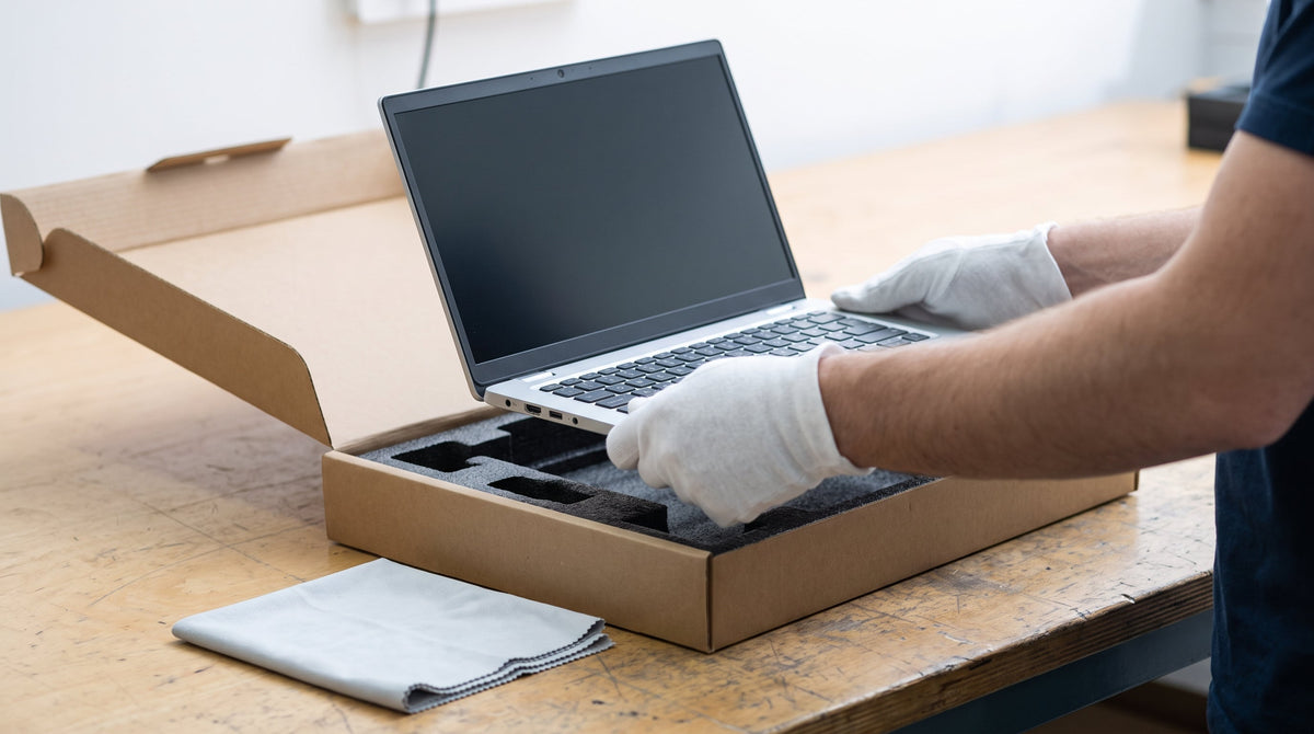 A refurbished electronic device in an open box being inspected, representing fast fulfillment for refurbished and open-box brands.