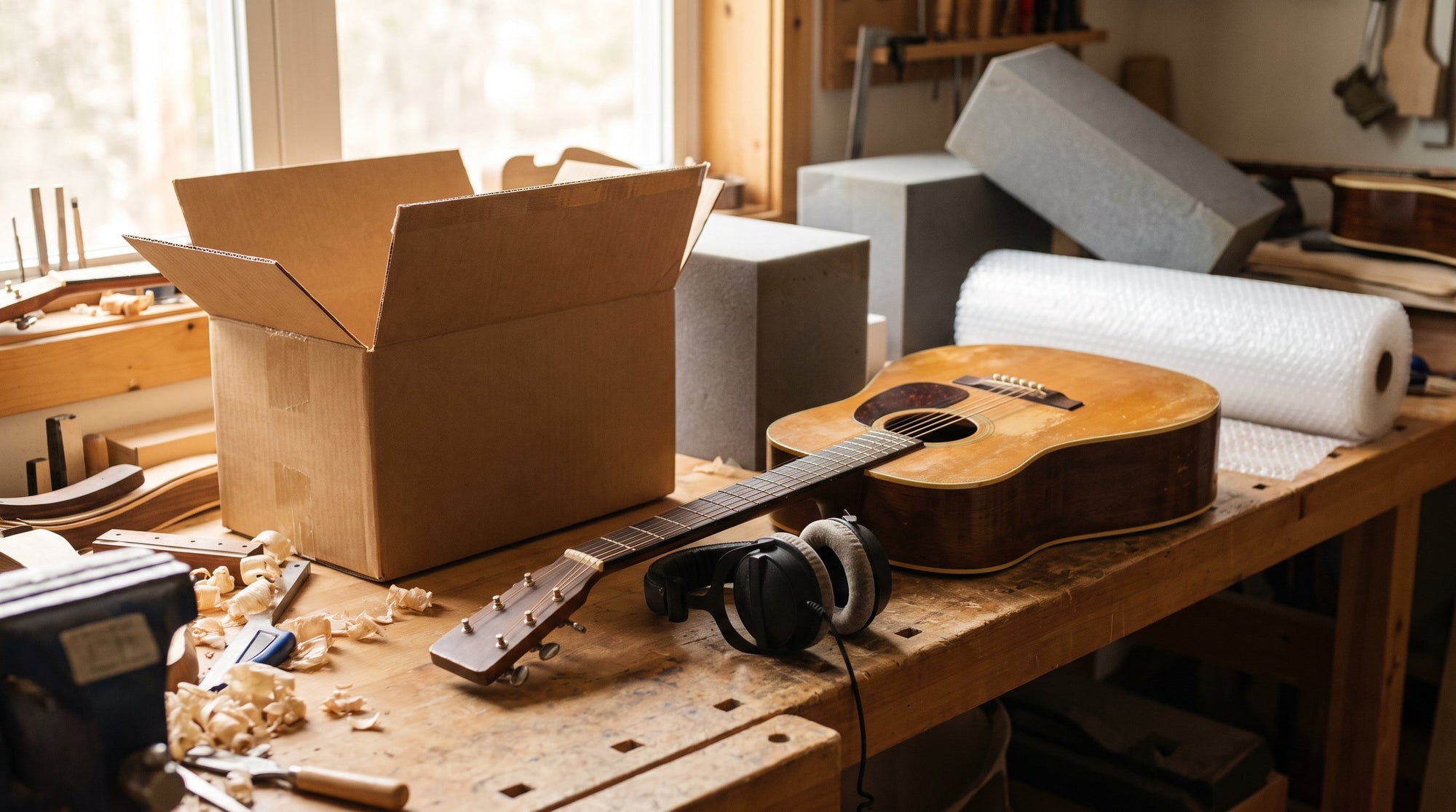 Musical instruments with shipping materials on a workbench, representing the complete post-purchase playbook for instrument brands.