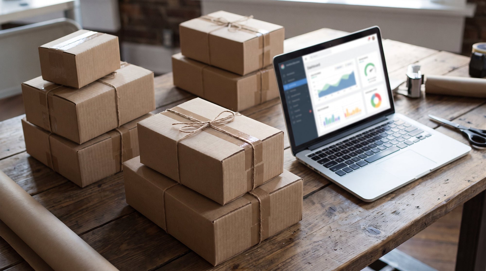Parcels sorted into separate groups beside a laptop, representing shipping volume split across multiple sales channels.