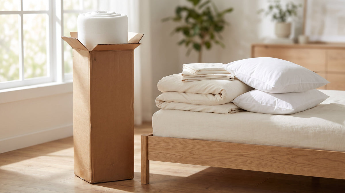 A boxed mattress and folded bedding in a bright bedroom, representing high shipping costs for mattress and bedding brands.