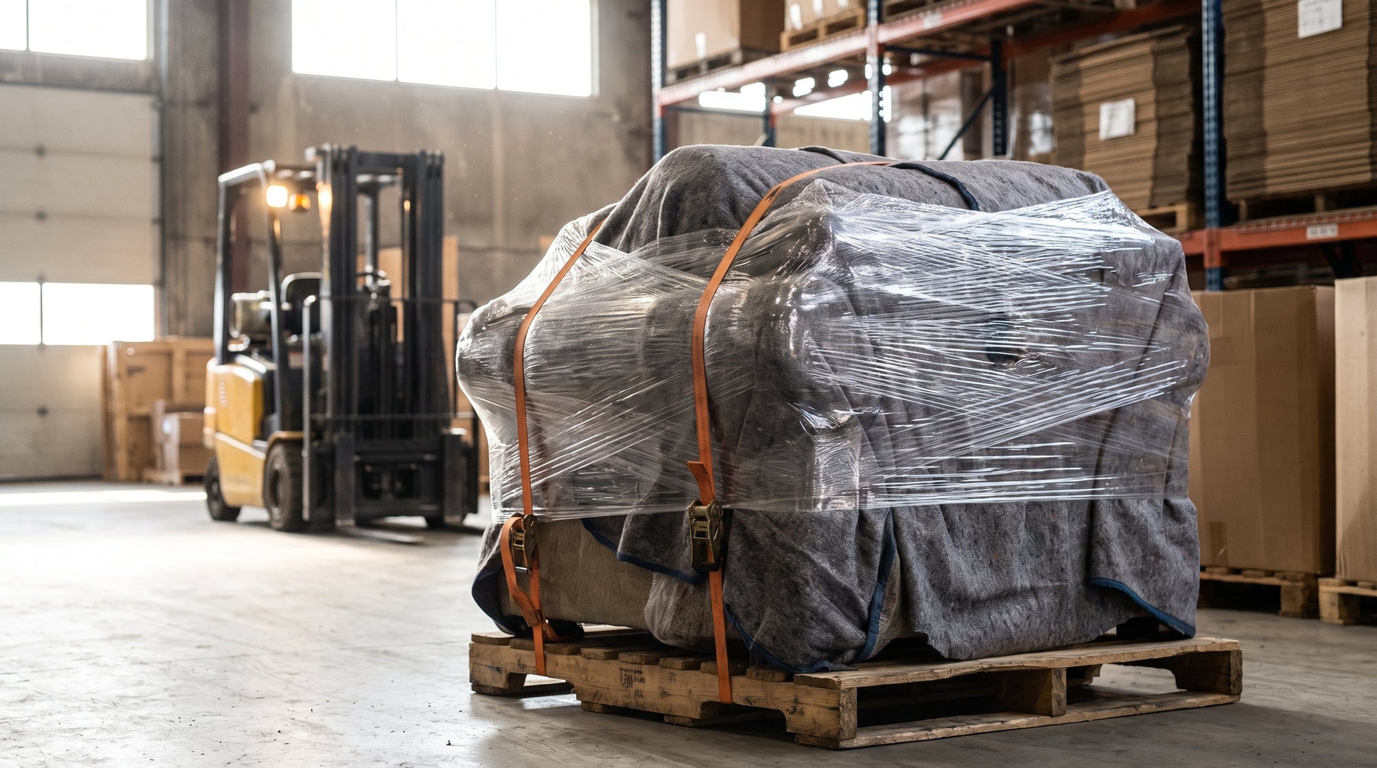 A wrapped piece of furniture on a freight pallet in a warehouse, representing the furniture and freight post-purchase playbook.