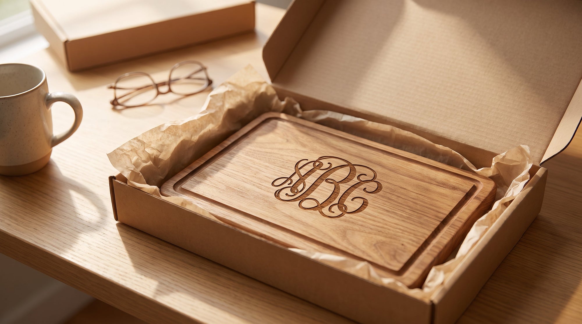 A personalized engraved item in an open return box on a desk, representing handling returns on custom products without losing trust or margin.