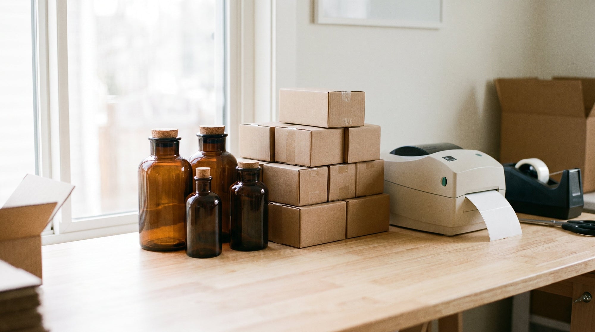 Wellness bottles beside stacked shipping boxes and a label printer, representing cutting shipping costs despite a shrinking carrier pool.