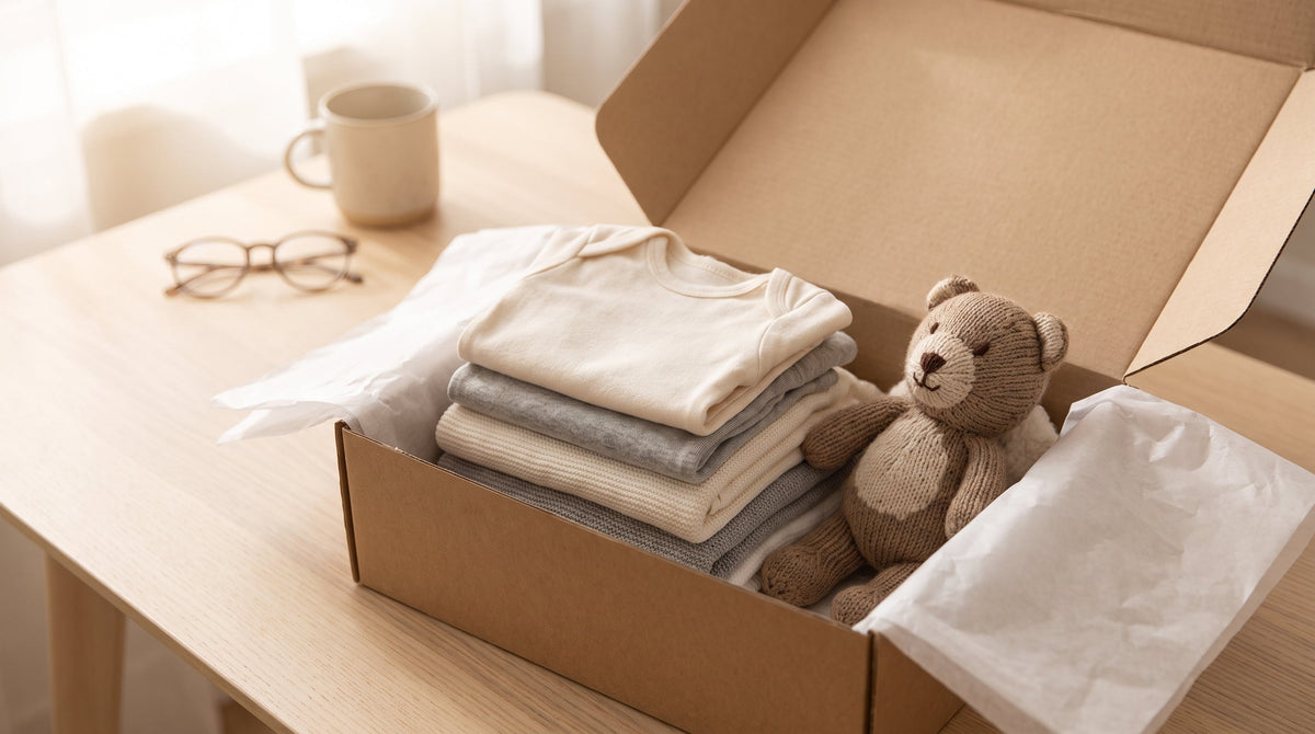 Folded baby clothes and a plush toy in an open return box, representing a smart returns framework for baby and kids brands.