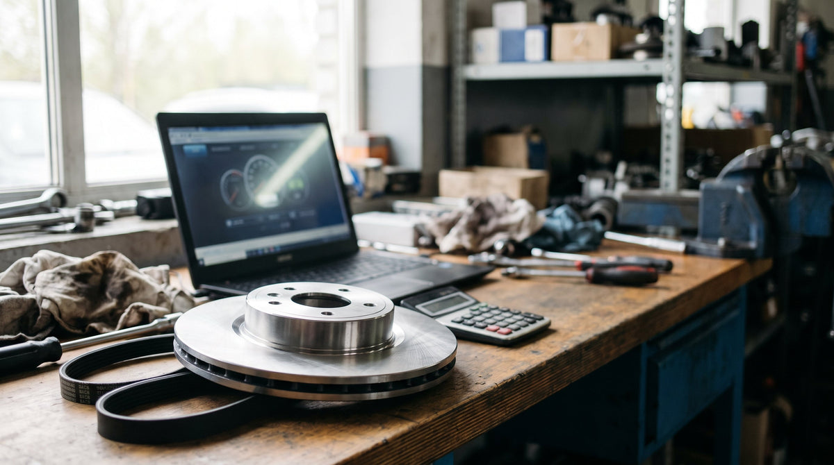 Auto parts beside a laptop and calculator on a workbench, representing an auto parts brand cutting shipping costs.