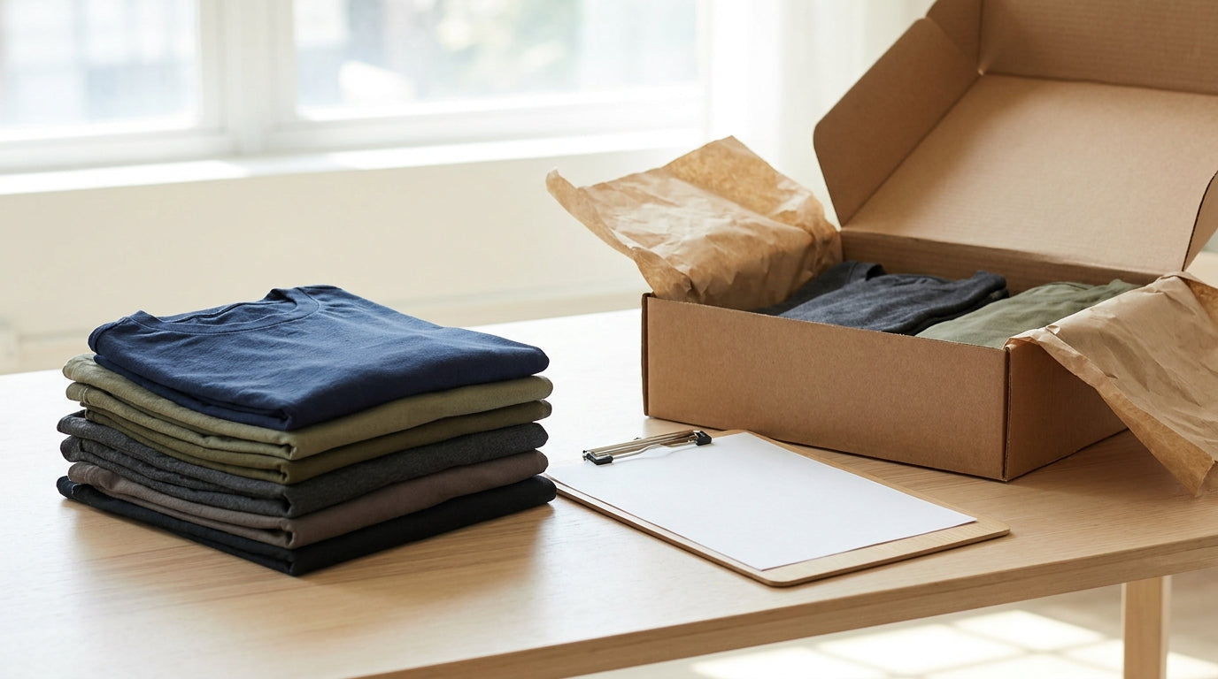 Matching team apparel being packed into a box beside a roster clipboard, representing fast fulfillment for team and group-order brands.