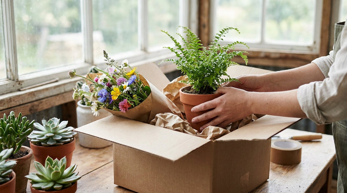 Live potted plants and a bouquet packed into a shipping box with padding, representing fulfillment speed for plant and floral brands.