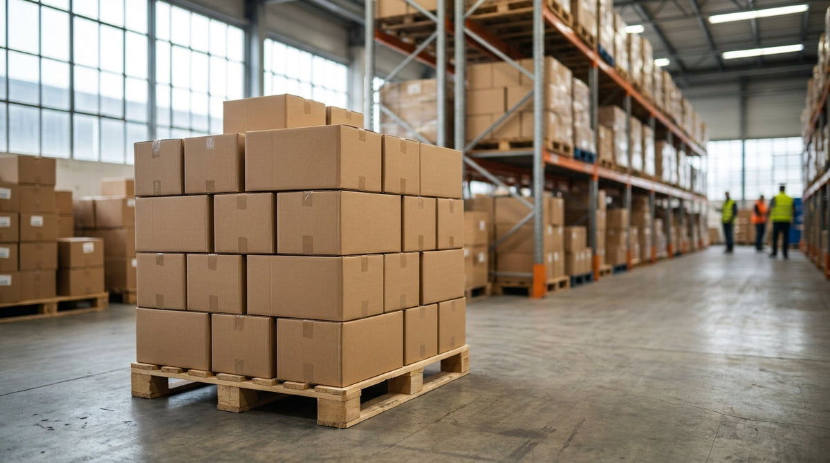 Stacked wholesale cartons on a pallet in a warehouse, representing the post-purchase playbook for B2B wholesale brands.