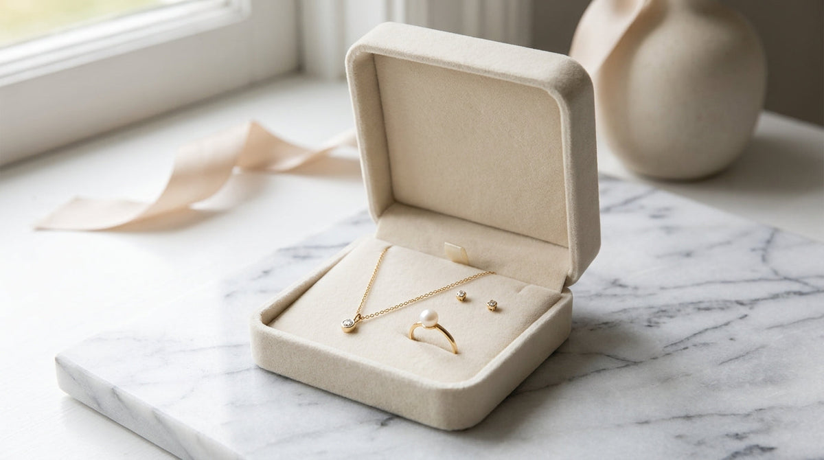 Fine jewelry arranged in a premium open box, representing the post-purchase playbook for jewelry brands.