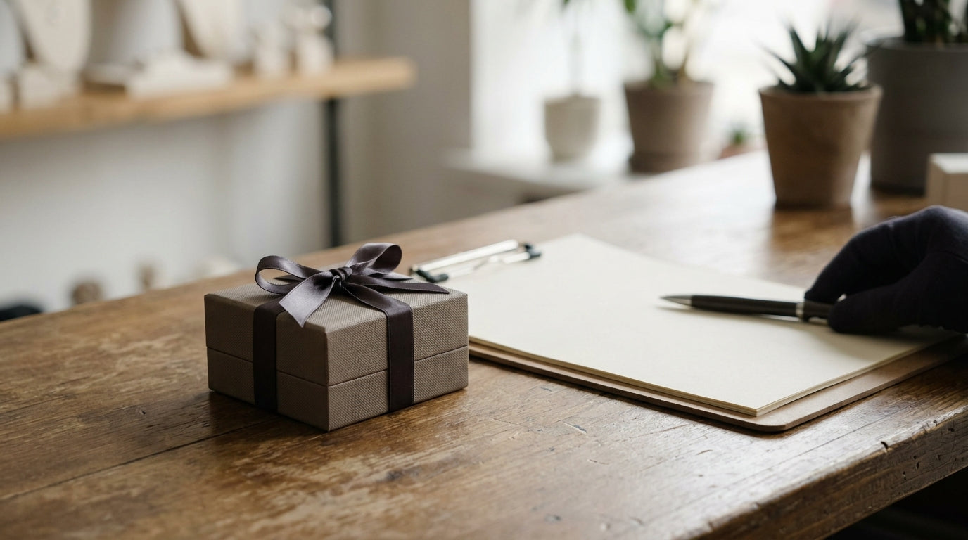 A small premium jewelry parcel on a counter with a delivery clipboard, representing insured, signature-required jewelry shipments.