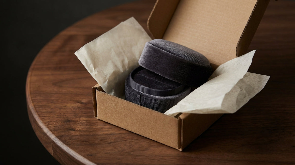 An elegant ring box inside an opened return mailer, representing a returns policy for high-value, low-volume jewelry orders.