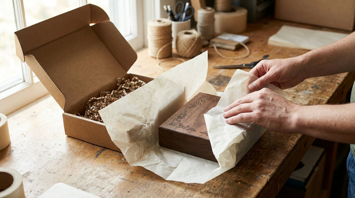 A personalized engraved item being wrapped for shipment, representing the post-purchase playbook for custom and personalized product brands.