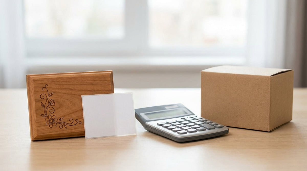A personalized engraved item beside a shipping label and calculator, representing high shipping costs on hard-to-reship custom orders.