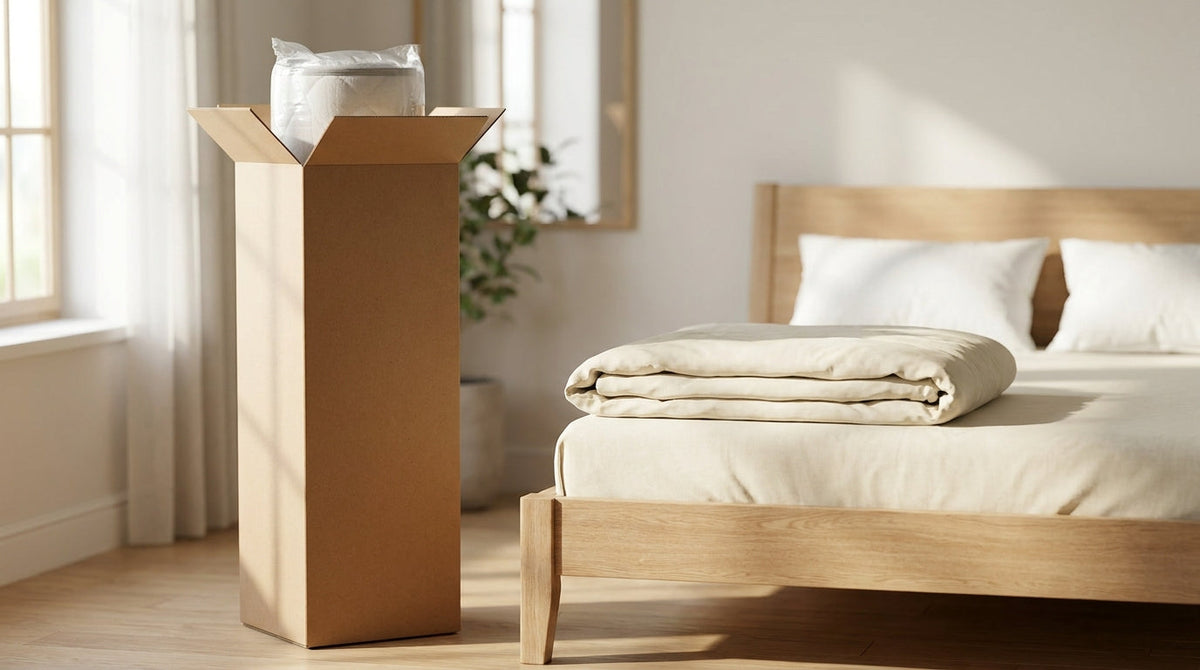 A boxed mattress and folded bedding in a bright bedroom, representing the post-purchase playbook for mattress and bedding brands.