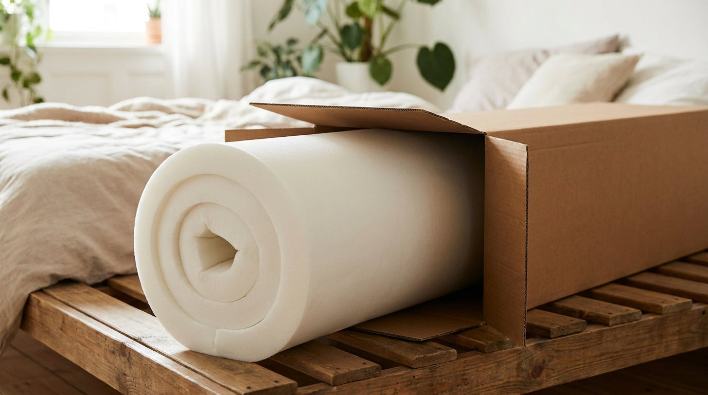 A compressed mattress expanding as it is unrolled from its box on a bed, representing a returns model for compression and 100-night trials.