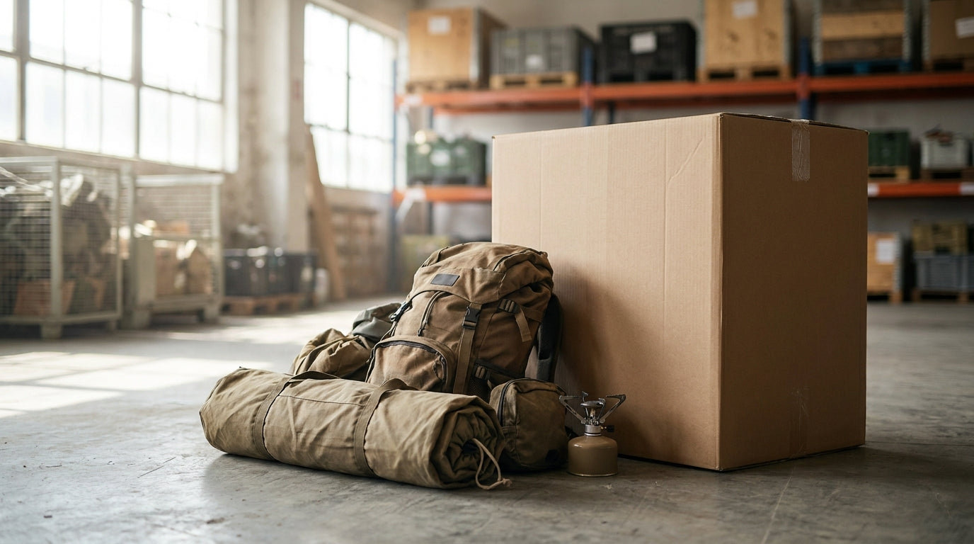 Bulky outdoor gear like a tent, backpack and camp stove beside an oversized shipping carton, representing how outdoor and sporting goods brands overpay on dimensional shipping like furniture brands.
