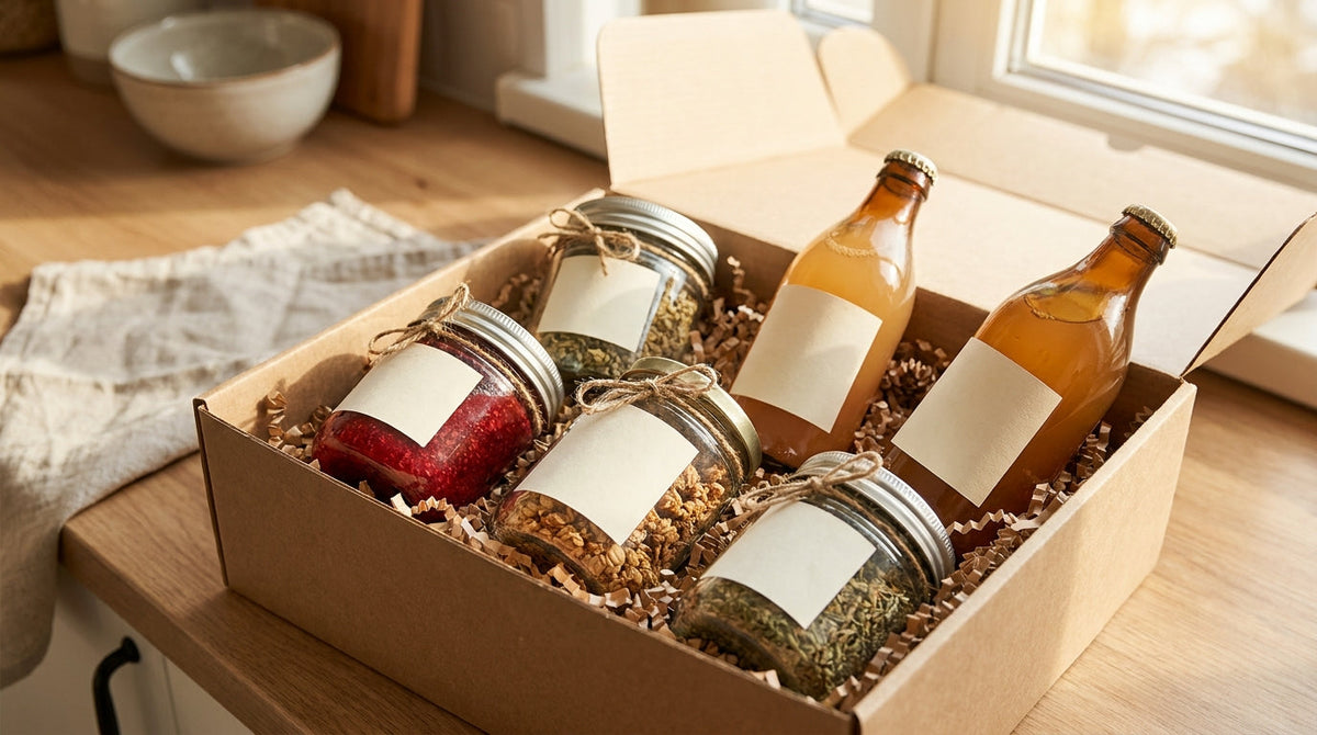 Artisan packaged foods and beverage bottles nestled in a padded shipping box, representing the post-purchase playbook for food and beverage brands.