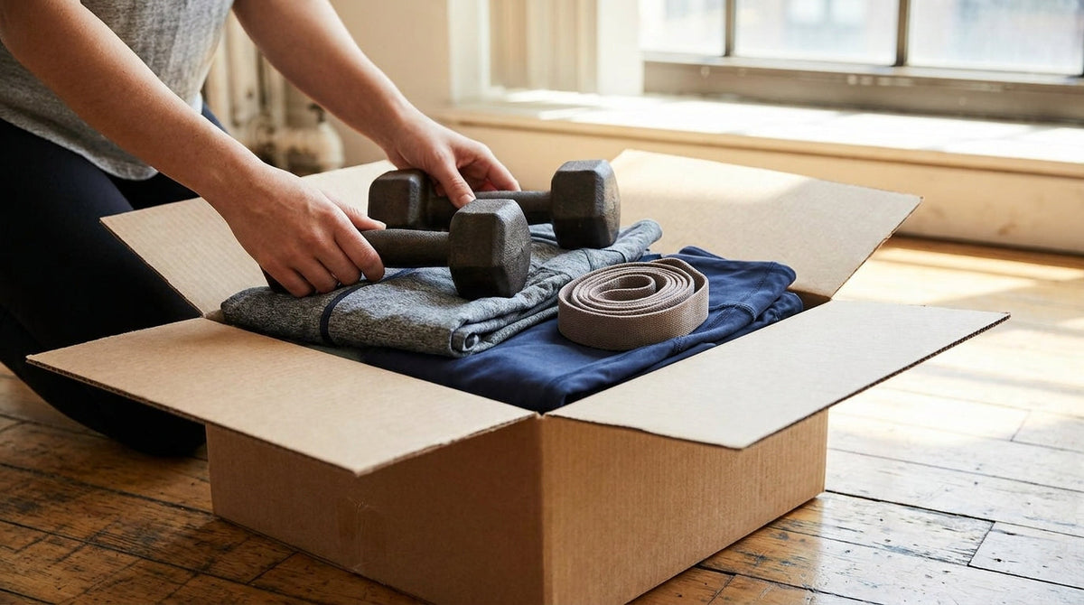 Dumbbells, a resistance band and folded activewear packed into a shipping box, representing the post-purchase playbook for health and fitness brands.