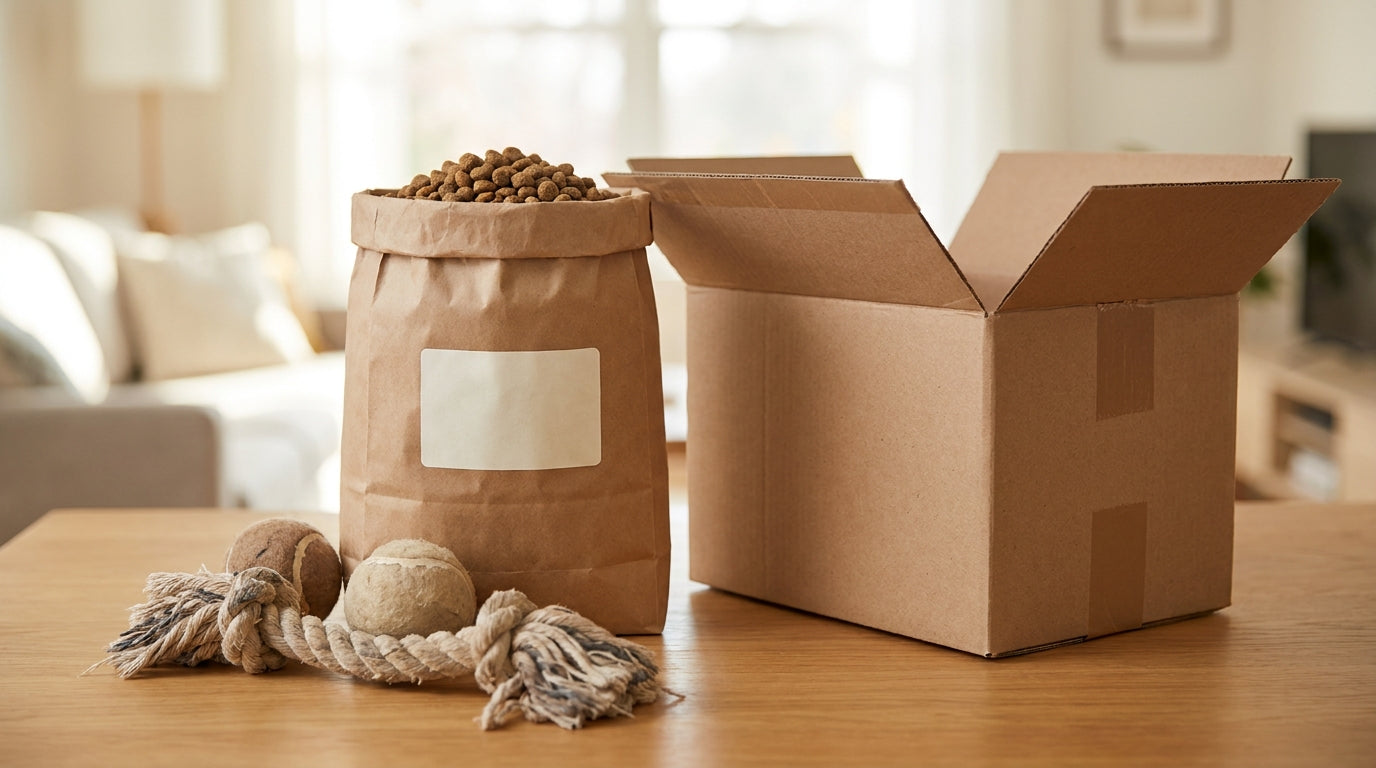 A bag of pet food and pet toys beside an open return mailer, representing why pet brands should not ask customers to ship kibble back.