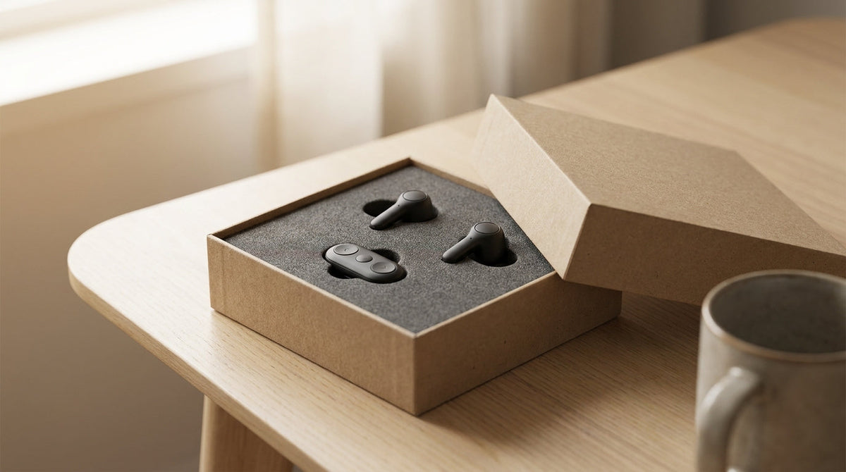 Sleek consumer electronics like wireless earbuds and a small device packed in protective foam, representing high-margin protection revenue electronics brands leave on the table at checkout.