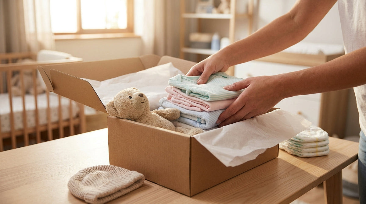 Soft baby clothing and toys being packed quickly into a shipping box, representing why baby and kids brands need a fast fulfillment cycle.