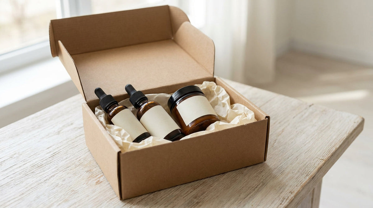 A wellness subscription box with tincture bottles and supplement jars in tissue, representing why CBD and wellness subscription brands depend on fulfillment timing.