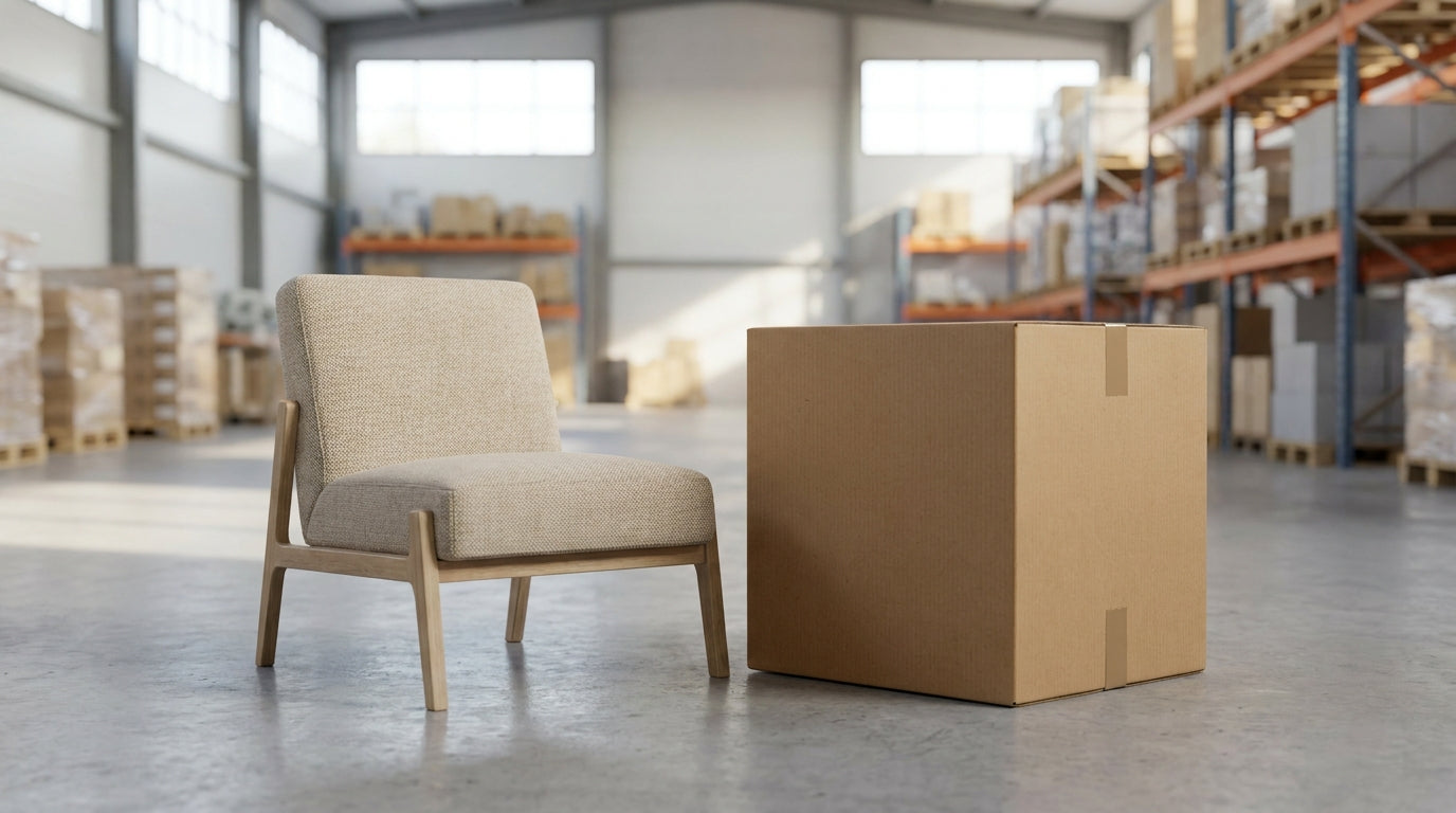 A modern accent chair beside a large flat cardboard carton in a bright warehouse, representing a 48-hour fulfillment SLA as a differentiator for furniture brands.