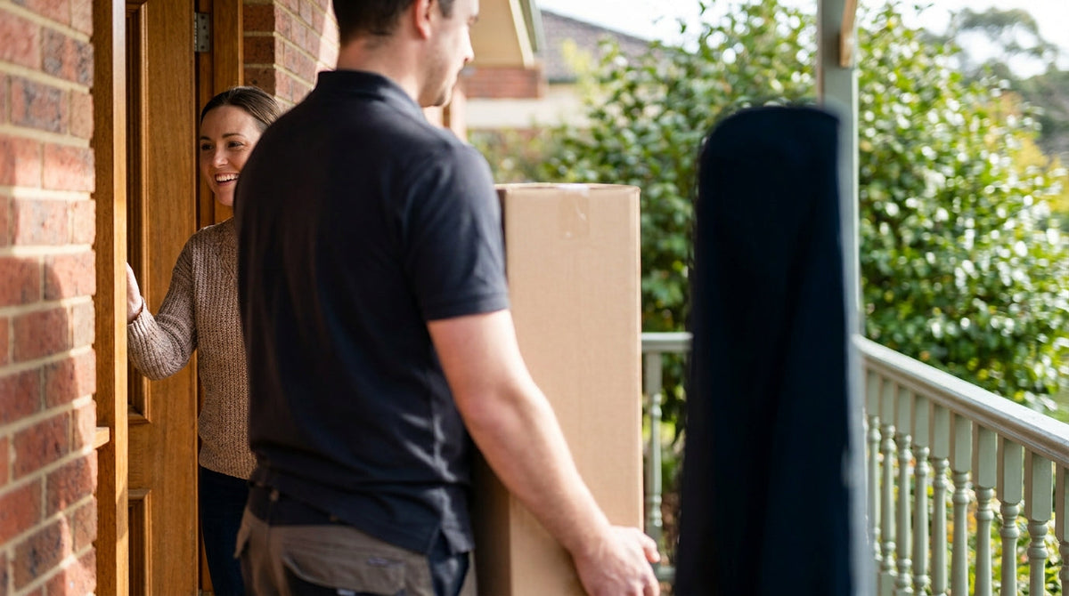 A courier handing a tall boxed mattress to a customer at a front door, representing how fast fulfillment turns a bed-in-a-box order into a repeat customer.