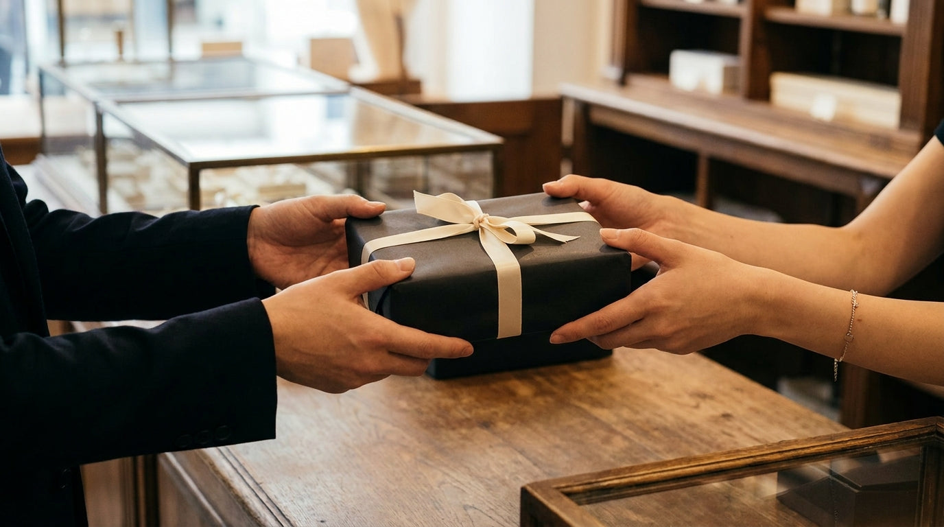 A small elegant jewelry parcel being handed across a counter, representing fast fulfillment as the missing half of a jewelry brand's shipping guarantee.