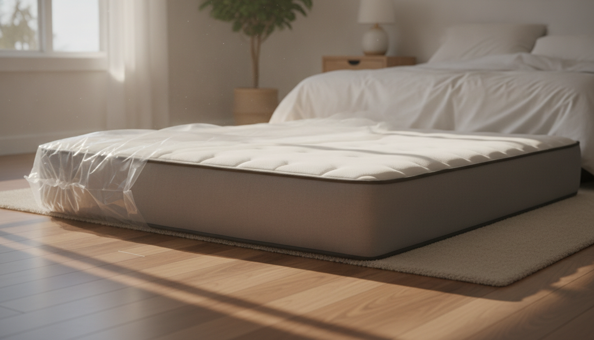Compressed mattress unboxing and expanding in a bedroom, representing mattress shipping guarantee for Shopify merchants
