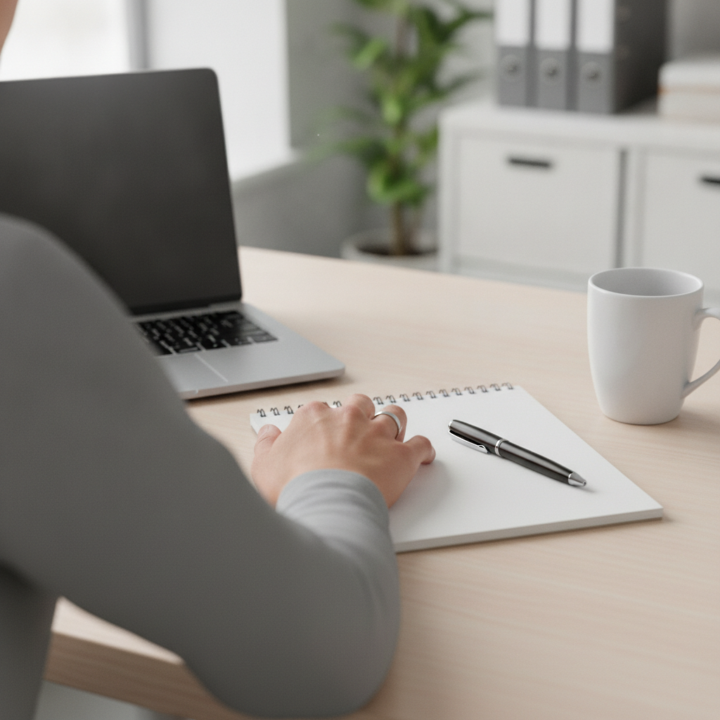 Merchant comparing post-purchase software options at a desk, representing a buyer's guide to merchant-owned shipping guarantee solutions