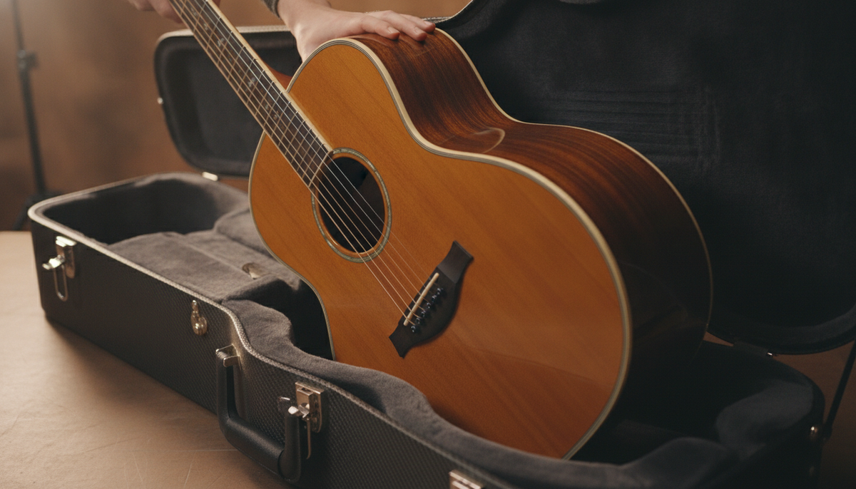 Guitar being placed into a padded hard case, representing shipping guarantee for musical instrument brands