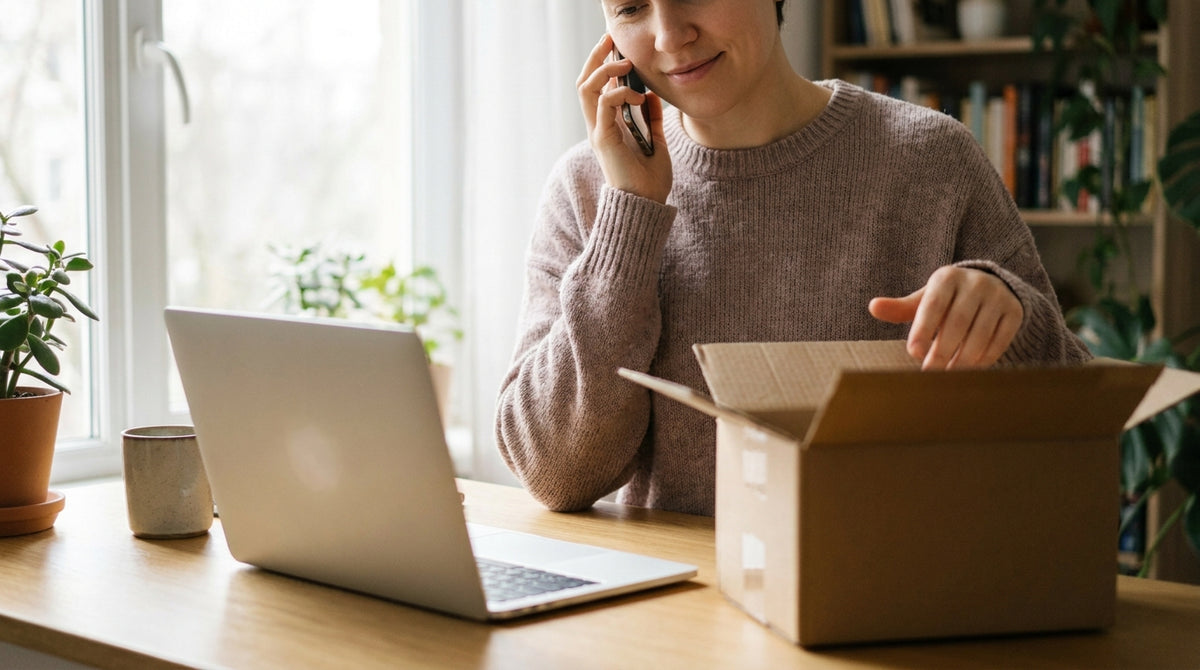 A customer at a home desk resolving a delivery issue on a laptop with a shipping box beside them, representing how a self-service resolution portal cuts shipping support tickets.